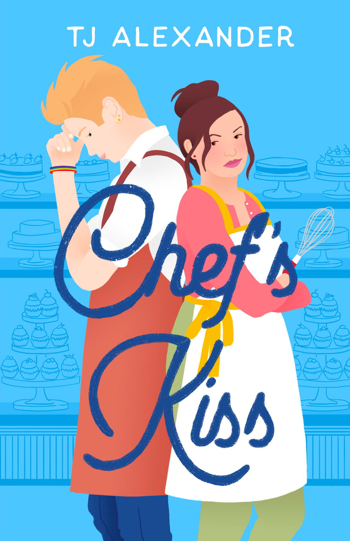 cover Chef's Kiss: two white main characters standing back to back. The blond is tall. The brunette is holding a whisk. They look exasperated.