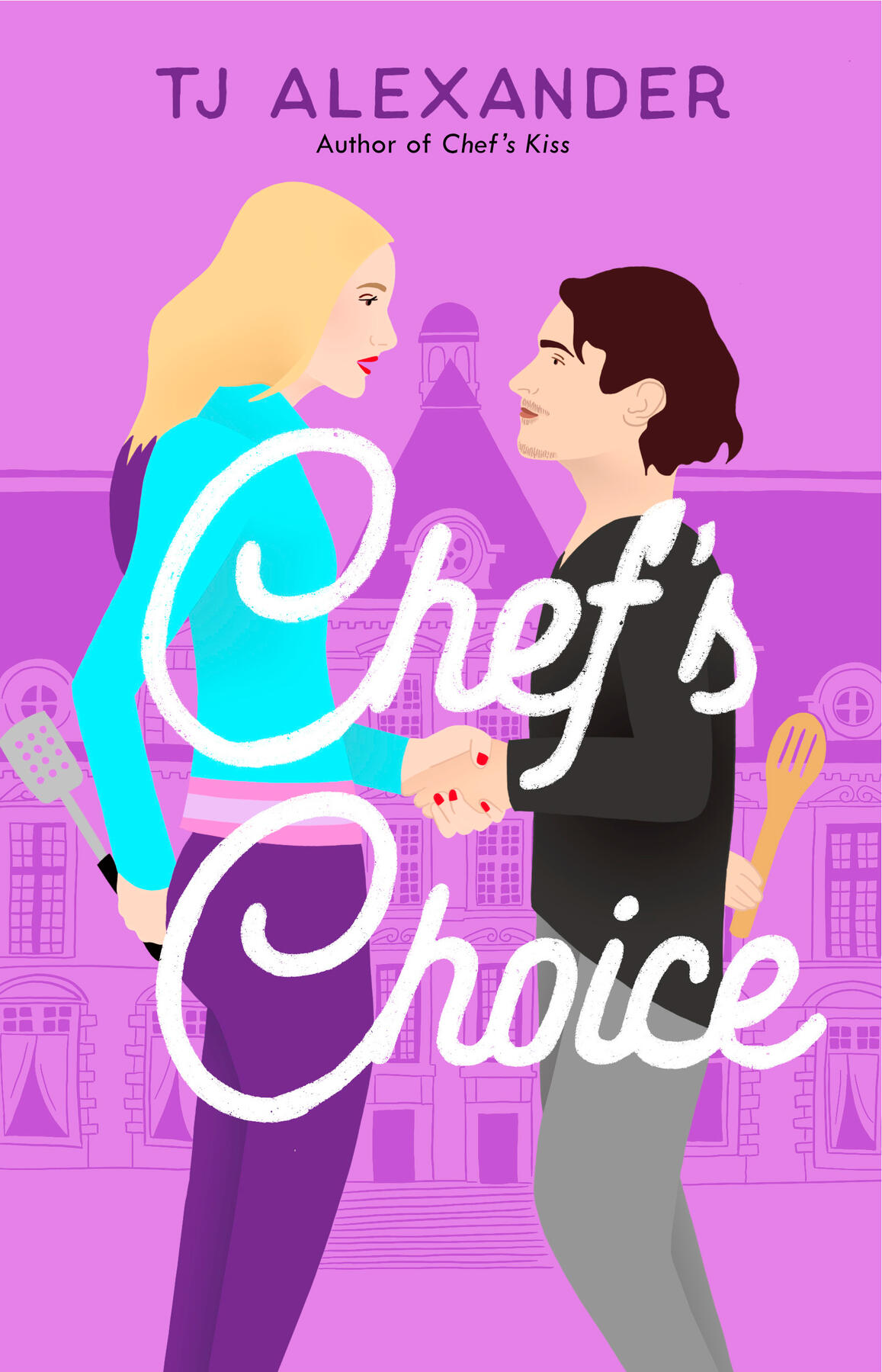 Chef's Choice: two white main characters are shaking hands. The woman is tall and blonde with purple tips at the end of her hair. The man is short and wearing dark clothes. They are both holding kitchen utensils in their free hands behind their backs.