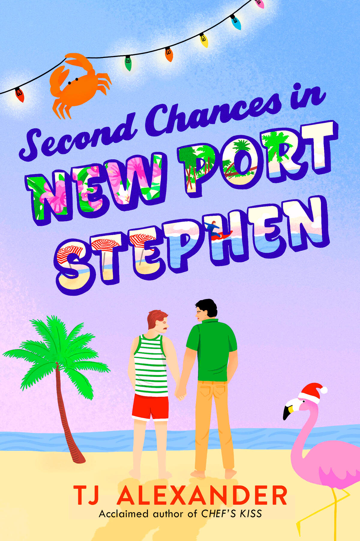 cover Second Chances in New Port Stephen: two main characters hold hands on a beach. The white guy is short and has a mustache. The Asian guy is tall and wears a green polo. There is a string of Christmas lights across the top being held up by an orange crab. A