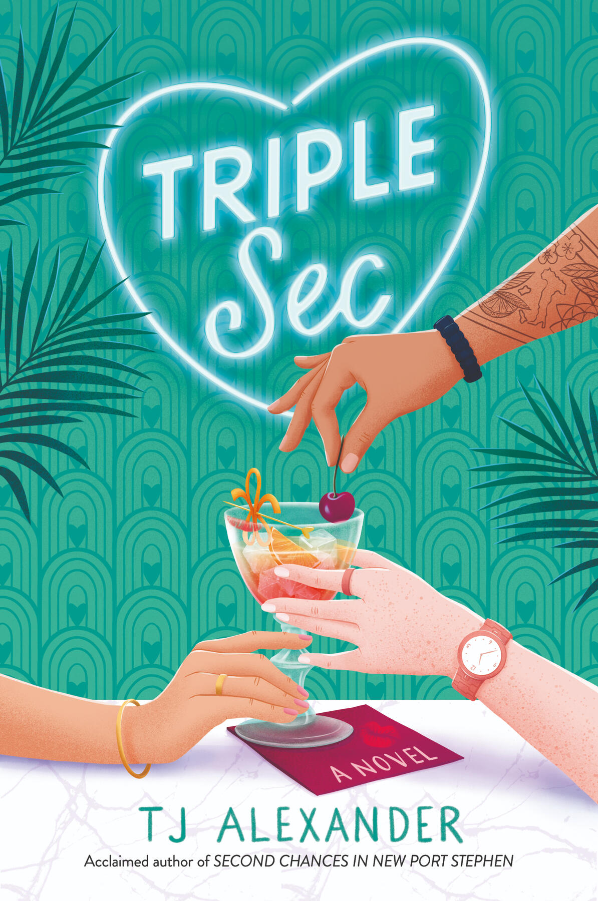 Triple Sec: A green art deco wallpaper is in the background. Three hands reach for a cocktail glass.